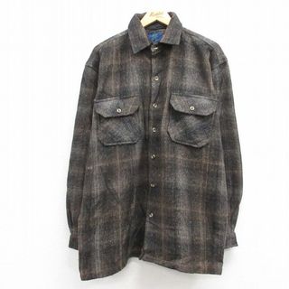 XL★古着 長袖 ウール シャツ メンズ 90年代 90s こげ茶他 ブラウン チェック 23jan25 中古 トップス(シャツ)