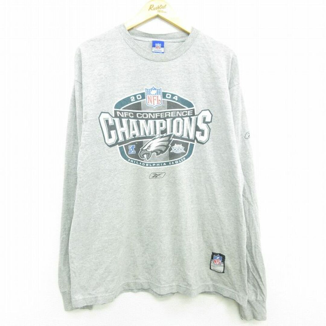 FILA(フィラ)のXL★古着 リーボック REEBOK 長袖 ビンテージ Tシャツ メンズ 00年代 00s NFL フィラデルフィアイーグルス 大きいサイズ クルーネック グレー 霜降り アメフト スーパーボウル 23jan12 中古 メンズのトップス(Tシャツ/カットソー(半袖/袖なし))の商品写真