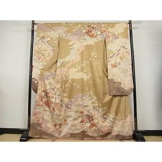 平和屋-こころ店■豪華振袖　駒刺繍　御所車花文　金彩　着丈165.5cm　裄丈65cm　正絹　逸品　A-br8133(振袖)