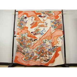 平和屋-こころ店■豪華振袖　駒刺繍　絞り　御所車鴛鴦花文　金彩　着丈156cm　裄丈63.5cm　正絹　逸品　A-br7952(振袖)