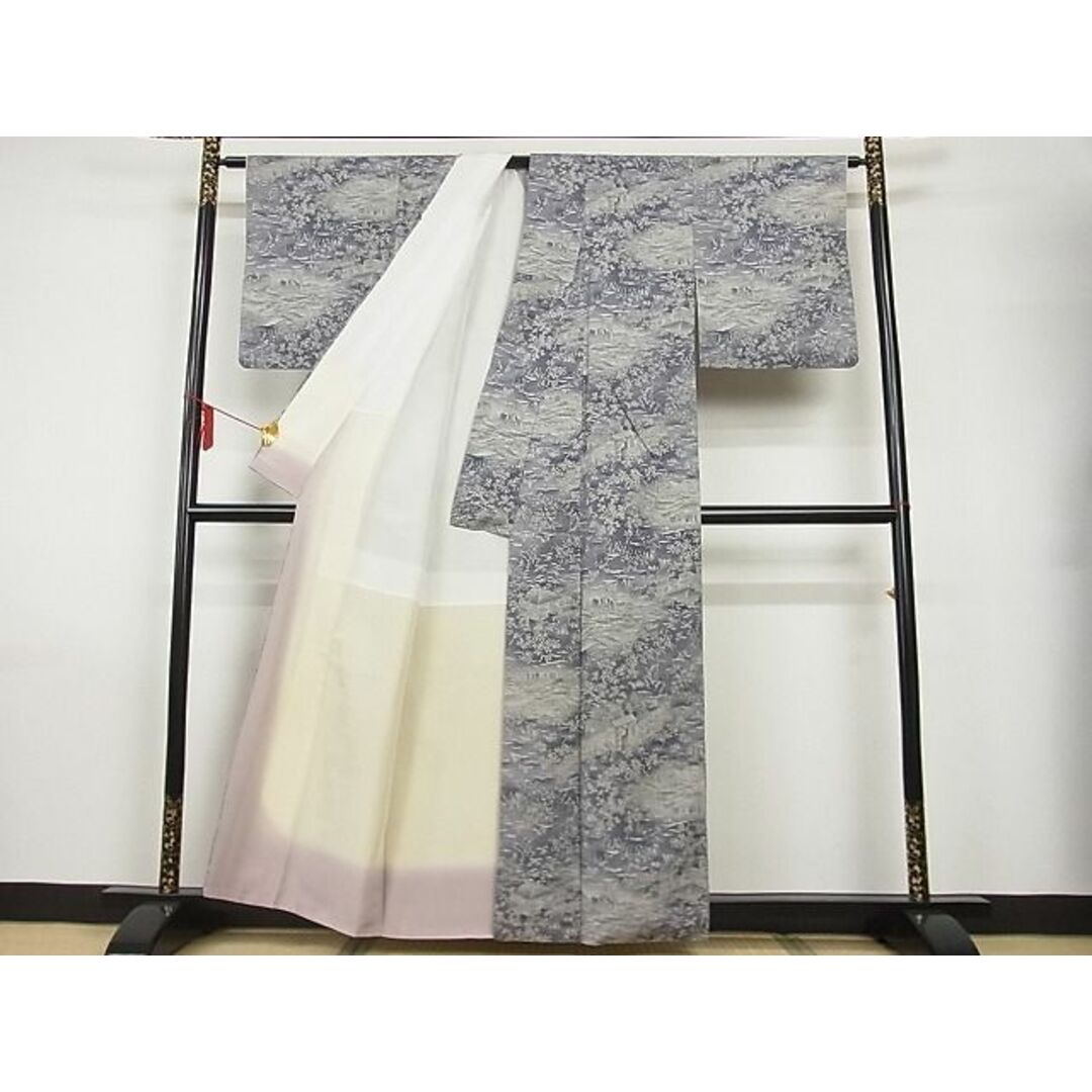 平和屋-こころ店■上質な小紋　紬地　風景文　着丈157cm　裄丈63cm　正絹　逸品　A-br8111 レディースの水着/浴衣(着物)の商品写真