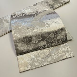 ★美品 　つくり帯　リメイク　白・銀　花　橋★　r889e(帯)