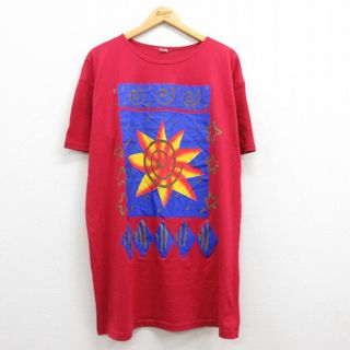 古着 半袖 ビンテージ Tシャツ ワンピース レディース 80年代 80s 太陽 星 大きいサイズ ロング丈 コットン クルーネック 赤 レッド 22jun22 中古(ミニワンピース)