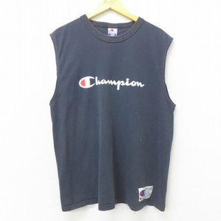 チャンピオン(Champion)のXL★古着 チャンピオン champion ビンテージ ノースリーブ Tシャツ メンズ 90年代 90s ビッグロゴ コットン クルーネック USA製 黒 ブラック 22jun17 中古(タンクトップ)