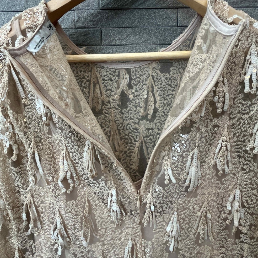 ZARA(ザラ)のザラ ZARA ピンクヌード ワンピース スパンコール装飾 ドレス シースルーM レディースのフォーマル/ドレス(その他ドレス)の商品写真