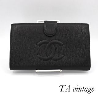 シャネル(CHANEL)の美品！シャネル　キャビアスキン　ココマーク　がま口　長財布　ブラック(財布)