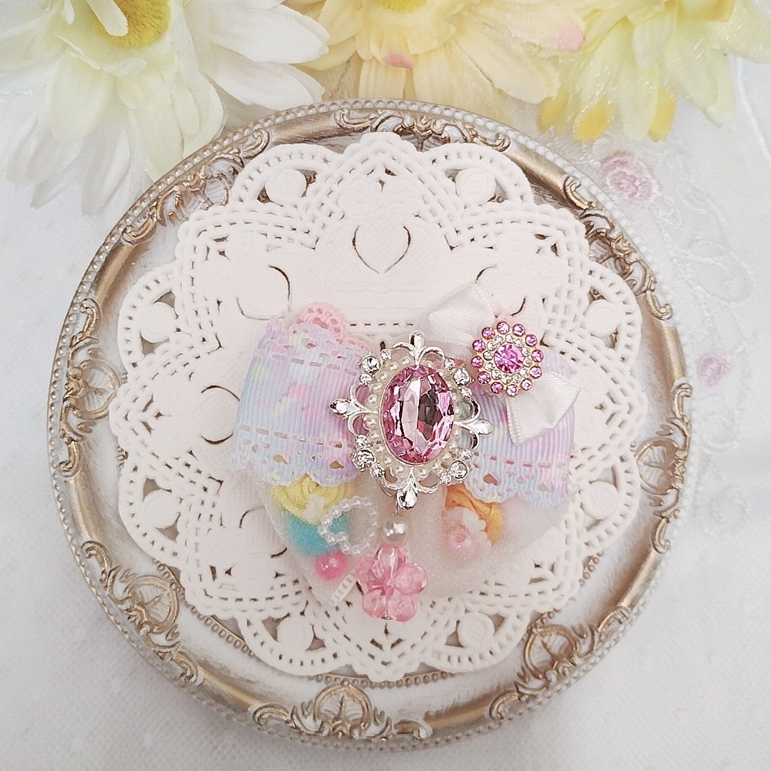 【116】女の子　ヘアゴム　クリップ　レース　リボン　プリンセス　ピンク　可愛い ハンドメイドのキッズ/ベビー(ファッション雑貨)の商品写真