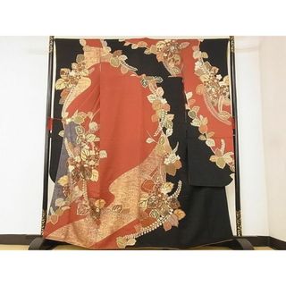 平和屋-こころ店■豪華振袖　吉祥花文　黒地　金彩　着丈162cm　裄丈66.5cm　正絹　逸品　A-ck8427