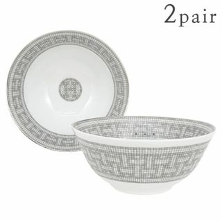 エルメス(Hermes)のエルメス ライスボウル 11cm ペア 2枚セット モザイク ヴァンキャトル Mosaique au 24 rice bowl ポーセリン 磁器 食器 洋食器 お皿 プラチナ シルバー 新品 3258(食器)