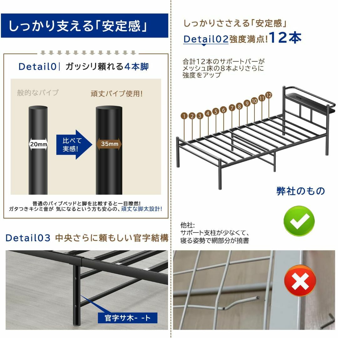 【色: ブラック】【耐荷重300Kg・2口コンセント】ベッドフレーム シングル  インテリア/住まい/日用品のベッド/マットレス(その他)の商品写真