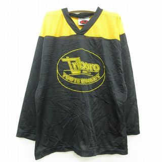 古着 長袖 ビンテージ Tシャツ アイスホッケー ジャージ キッズ ボーイズ 子供服 90年代 90s Triboro Vネック ツートンカラー USA製 黒他 ブラック ユニフォーム 22aug02(シャツ/カットソー)