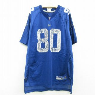 リーボック(Reebok)の古着 リーボック REEBOK 半袖 フットボール Tシャツ キッズ ボーイズ 子供服 NFL ニューヨークジャイアンツ ジェレミーショッキー ラングラン Vネック 青 ブルー アメフト スーパーボウル ユニフォーム ゲームシャツ 22aug08(シャツ/カットソー)