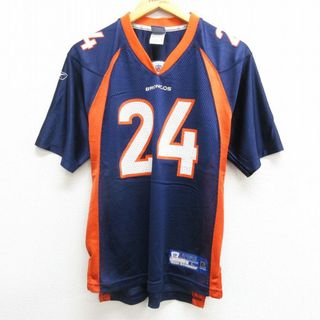 リーボック(Reebok)の古着 リーボック REEBOK 半袖 ビンテージ フットボール Tシャツ キッズ ボーイズ 子供服 00年代 00s NFL デンバーブロンコス チャンプベイリー 24 メッシュ地 ラグラン Vネック 紺 ネイビー ユニフォーム ゲームシャツ アメフト スーパーボウル 22aug09(シャツ/カットソー)