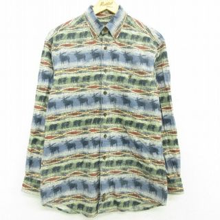 ウールリッチ(WOOLRICH)のL★古着 ウールリッチ WOOLRICH 長袖 フランネル シャツ メンズ シカ ネイティブ柄 ラグ柄 ボタンダウン 薄紺他 ネイビー 22oct21 中古 トップス(シャツ)