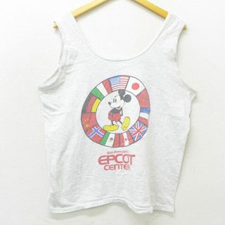 ディズニー(Disney)のL★古着 ビンテージ タンクトップ メンズ 80年代 80s ディズニー DISNEY ミッキー MICKEY MOUSE 国旗 コットン クルーネック USA製 薄グレー 霜降り 【spe】 22aug08 中古(タンクトップ)