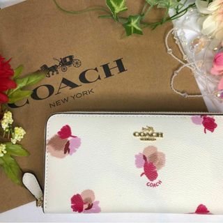 COACH コーチ 長財布 ホワイト レザー 花柄 ピンク(財布)