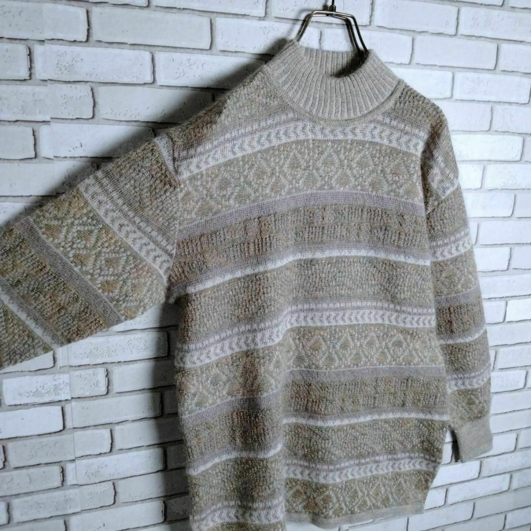 ニット☆セーター　日本製　ウール混　シルク混　モックネック　シャギー　幾何学　Ｍ メンズのトップス(ニット/セーター)の商品写真