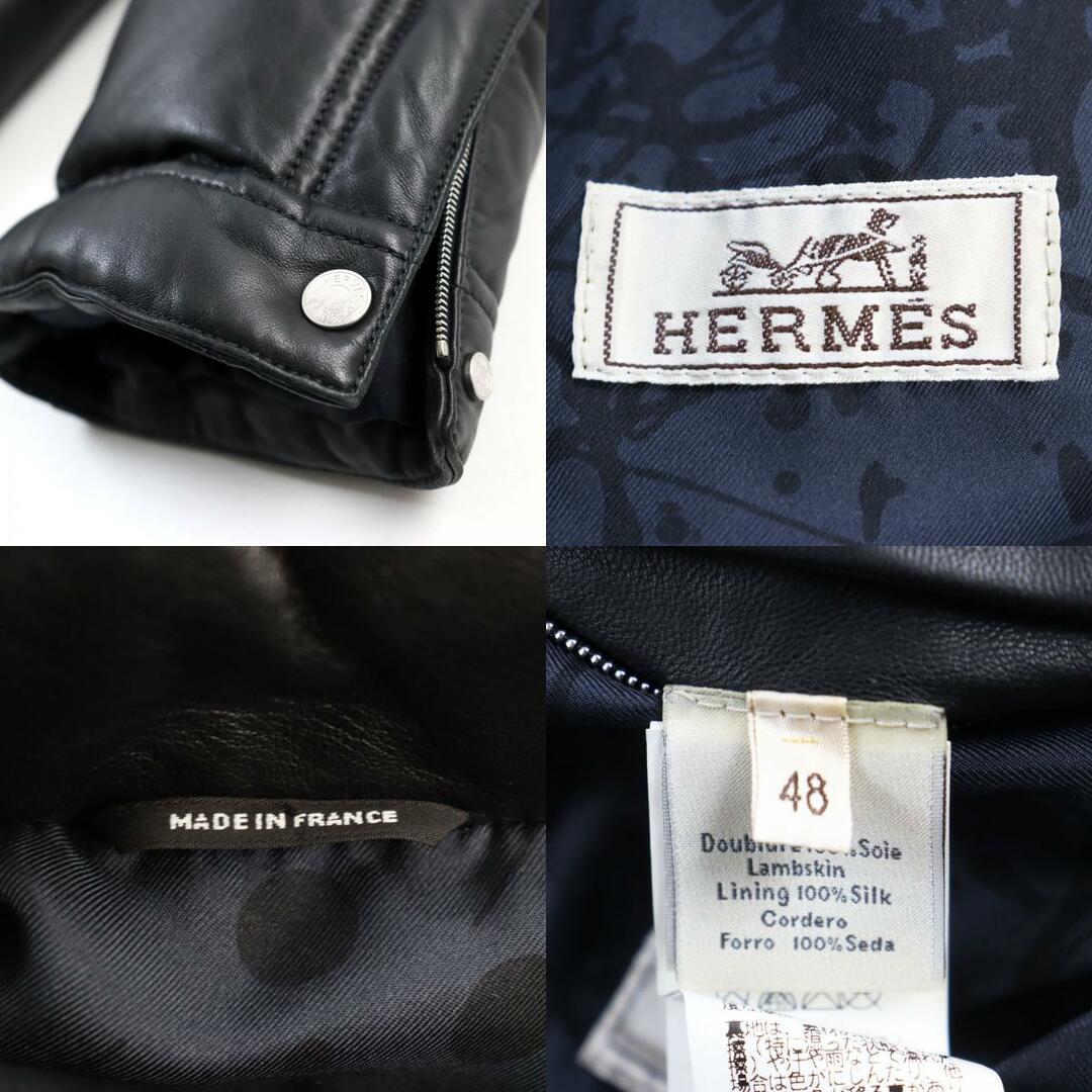 Hermes(エルメス)の極美品○HERMES エルメス 12-5007 ラムレザー 裏地シルク100% セリエボタン フーデッド スタンドカラー ダブルジップ レザーダウンジャケット ブラック 48 ハンガー付き フランス製 正規品 メンズ メンズのジャケット/アウター(レザージャケット)の商品写真