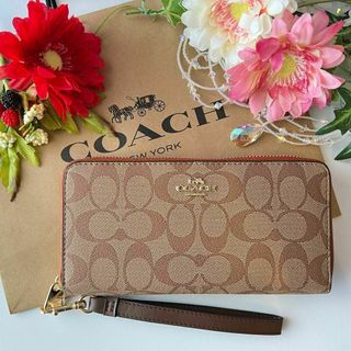 COACH コーチ 長財布 ベージュ シグネチャー ストラップ(財布)