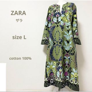 ザラ(ZARA)のZARAザラ コットンロングワンピース カフタン ポプリン 花柄　総柄 民族(ロングワンピース/マキシワンピース)