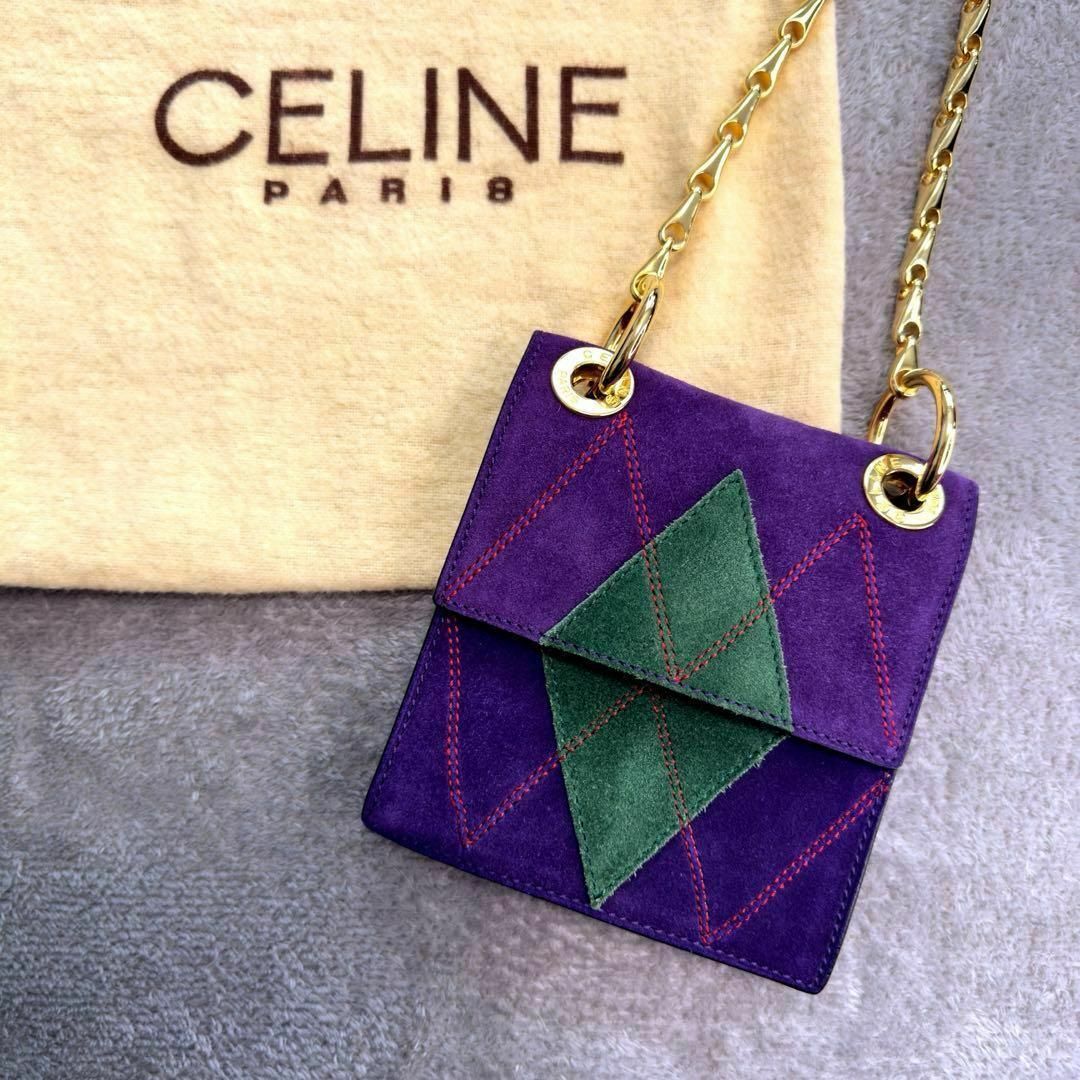美品】希少CELINE セリーヌ ロゴ スエード チェーン ショルダー 美品】希少CELINE セリーヌ ロゴ スエード チェーン ショルダー