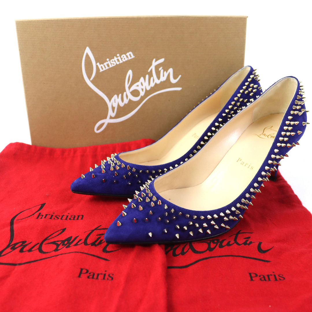 Christian Louboutin(クリスチャンルブタン)の美品△Christian Louboutin クリスチャンルブタン 1170109 スウェード ESCARPIC 70 VEAU VELOURS スタッズ ポインテッドトゥ パンプス ブルー系 ゴールド金具 37 箱・保存袋付き イタリア製 レディース レディースの靴/シューズ(ハイヒール/パンプス)の商品写真