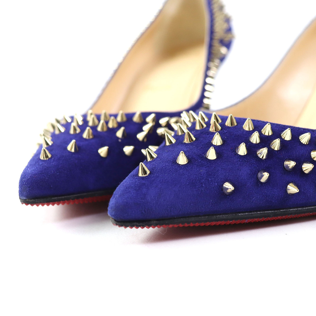 Christian Louboutin(クリスチャンルブタン)の美品△Christian Louboutin クリスチャンルブタン 1170109 スウェード ESCARPIC 70 VEAU VELOURS スタッズ ポインテッドトゥ パンプス ブルー系 ゴールド金具 37 箱・保存袋付き イタリア製 レディース レディースの靴/シューズ(ハイヒール/パンプス)の商品写真