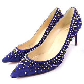 クリスチャンルブタン(Christian Louboutin)の美品△Christian Louboutin クリスチャンルブタン 1170109 スウェード ESCARPIC 70 VEAU VELOURS スタッズ ポインテッドトゥ パンプス ブルー系 ゴールド金具 37 箱・保存袋付き イタリア製 レディース(ハイヒール/パンプス)