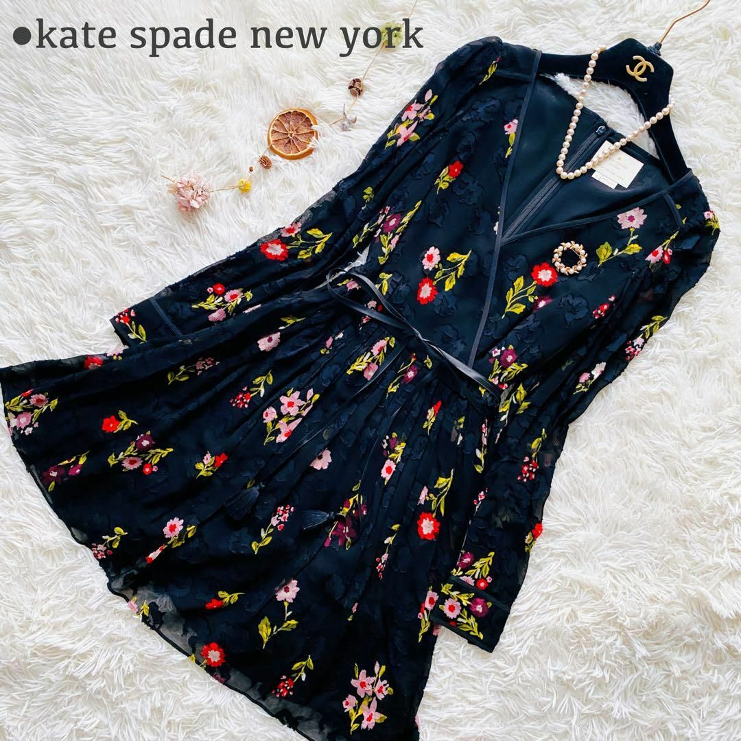 kate spade new york(ケイトスペードニューヨーク)の新品同様 ケイトスペード 花柄 刺繍 シフォン フロッキー フレアワンピース レディースのワンピース(ひざ丈ワンピース)の商品写真