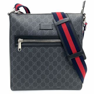 グッチ(Gucci)の【限定価格】GUCCI グッチ メッセンジャーバッグ ショルダーバッグ ウェブストライプ 肩掛け 斜め掛け 鞄 かばん 474137 GGスプリームキャンバス  レザー   ブラック 黒 グレー シルバー金具 メンズ 美品【中古品】(メッセンジャーバッグ)