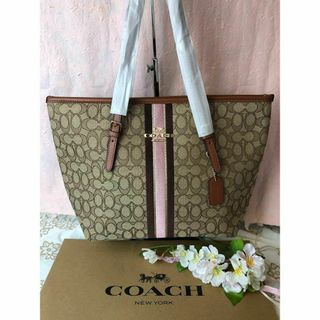 COACH コーチ ファスナー付き ベージュ ピンク ライン トートバッグ(トートバッグ)