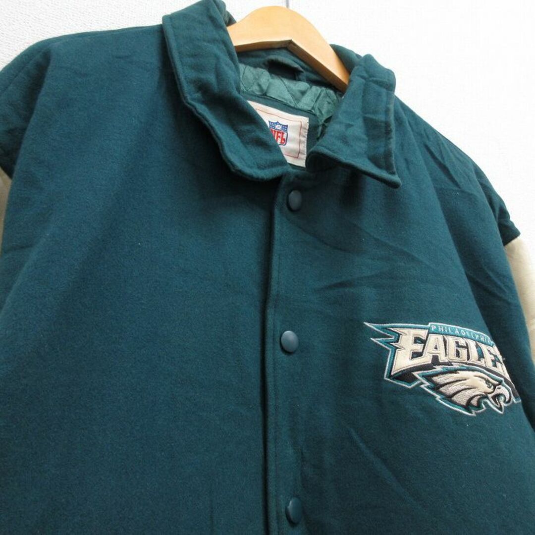 FILA(フィラ)のXL★古着 長袖 スタジャン メンズ 00年代 00s NFL フィラデルフィアイーグルス 大きいサイズ ウール 青緑他 内側キルティング アメフト スーパーボウル 23feb08 中古 アウター ジャンパー ブルゾン メンズのジャケット/アウター(ダッフルコート)の商品写真