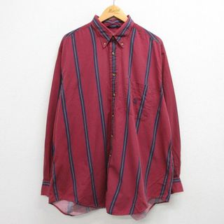 NAUTICA - XL★古着 ノーティカ NAUTICA 長袖 ブランド シャツ メンズ 90年代 90s ワンポイントロゴ 大きいサイズ ロング丈 コットン ボタンダウン USA製 エンジ系他 ストライプ 23feb04 中古 トップス