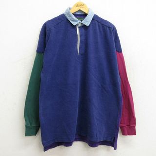 XL★古着 長袖 ラガー シャツ メンズ 90年代 90s クレイジーパターン 襟デニム マルチカラー コットン 紺他 ネイビー 23feb16 中古 トップス(シャツ)