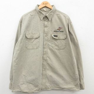 XL★古着 長袖 シャツ メンズ 90年代 90s 鳥 大きいサイズ USA製 ベージュ系 カーキ 23feb24 中古 トップス(シャツ)