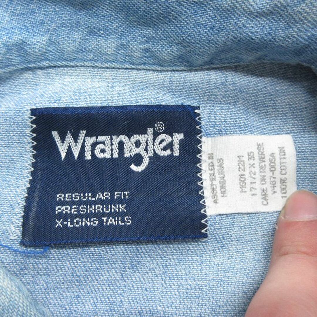 Wrangler(ラングラー)のXL★古着 ラングラー Wrangler 長袖 ウエスタン シャツ メンズ 90年代 90s コットン ボタンダウン 紺 ネイビー デニム ストライプ 23feb22 中古 トップス メンズのトップス(シャツ)の商品写真