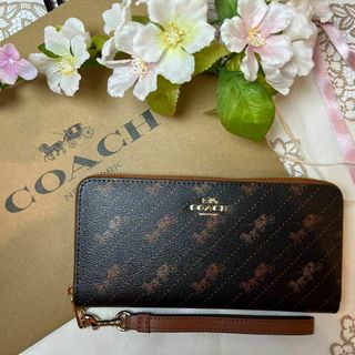 COACH シグネチャー ブラウン 馬車柄 レッド ストラップ(財布)