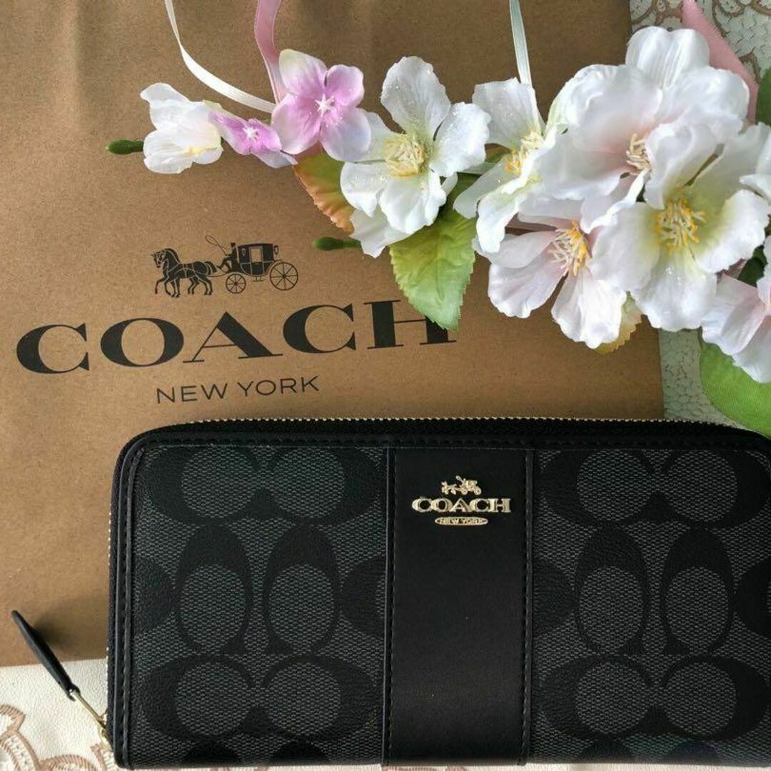 COACH 長財布 シグネチャー ブラックスモーク ストライプ レディースのファッション小物(財布)の商品写真