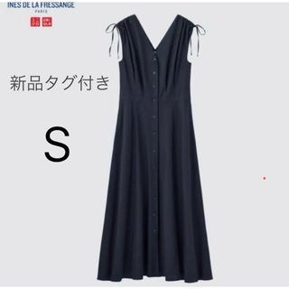 UNIQLO - 【新品】UNIQLO コットンフレアᏙネックワンピース（ノースリーブ）Ꮪ ネイビ