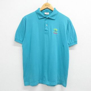 ヘインズ(Hanes)のL★古着 ヘインズ Hanes 半袖 ポロ シャツ メンズ 90年代 90s フロリダ ヤシの木 USA製 青緑系 23mar31 中古 トップス(ポロシャツ)