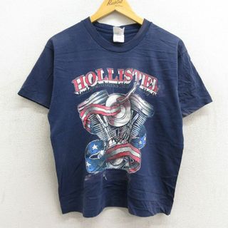 ホリスター(Hollister)のL★古着 半袖 ビンテージ Tシャツ メンズ 90年代 90s ホリスター Hollister バイク コットン クルーネック USA製 紺 ネイビー 23mar25 中古(Tシャツ/カットソー(半袖/袖なし))