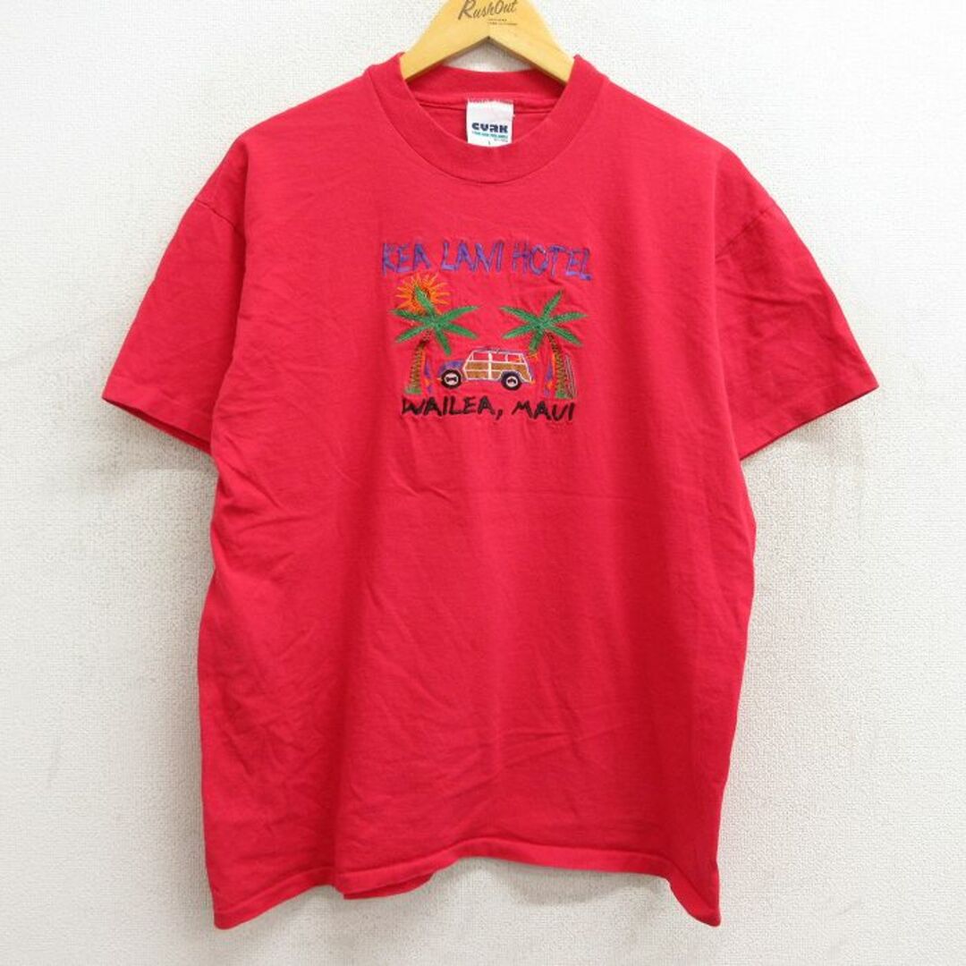 L★古着 半袖 ビンテージ Tシャツ メンズ 90年代 90s 車 ヤシの木 刺繍 コットン クルーネック USA製 赤 レッド 23mar25 中古 メンズのトップス(Tシャツ/カットソー(半袖/袖なし))の商品写真