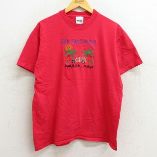 L★古着 半袖 ビンテージ Tシャツ メンズ 90年代 90s 車 ヤシの木 刺繍 コットン クルーネック USA製 赤 レッド 23mar25 中古(Tシャツ/カットソー(半袖/袖なし))