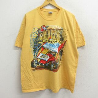 XL★古着 半袖 ビンテージ Tシャツ メンズ レーシングカー ゴールドラッシュ コットン クルーネック 黄 イエロー 23mar28 中古(Tシャツ/カットソー(半袖/袖なし))