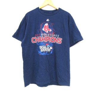 マジェスティック(Majestic)のL★古着 マジェスティック 半袖 Tシャツ メンズ MLB ボストンレッドソックス クルーネック 紺 ネイビー メジャーリーグ ベースボール 野球 23mar25 中古(Tシャツ/カットソー(半袖/袖なし))