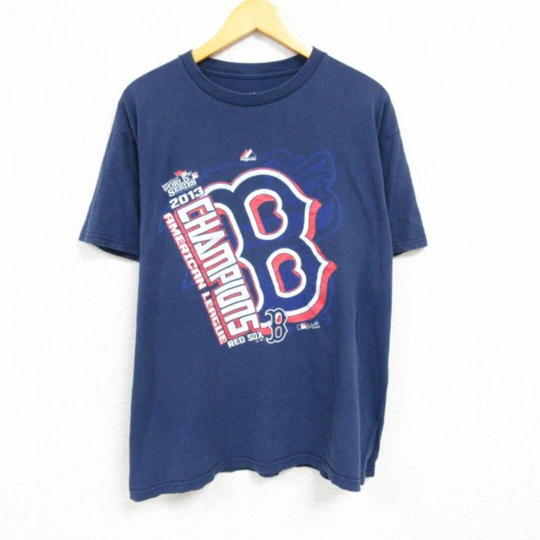 Majestic(マジェスティック)のXL★古着 マジェスティック 半袖 Tシャツ メンズ MLB ボストンレッドソックス コットン クルーネック 紺 ネイビー メジャーリーグ ベースボール 野球 23mar31 中古 メンズのトップス(Tシャツ/カットソー(半袖/袖なし))の商品写真