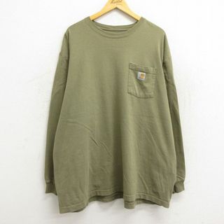 カーハートダブリューアイピー(Charhartt WIP)のXL★古着 カーハート Carhartt 長袖 Tシャツ メンズ 胸ポケット付き 大きいサイズ ロング丈 コットン クルーネック 濃緑 グリーン 23mar01 中古(Tシャツ/カットソー(半袖/袖なし))