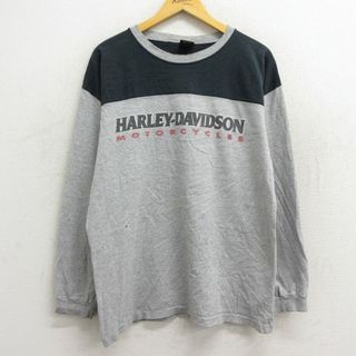 ハーレーダビッドソン(Harley Davidson)のXL★古着 ハーレーダビッドソン Harley Davidson 長袖 ビンテージ Tシャツ メンズ 90年代 90s ビッグロゴ ツートンカラー コットン クルーネック USA製 グレー 霜降り他 23mar17 中古(Tシャツ/カットソー(半袖/袖なし))