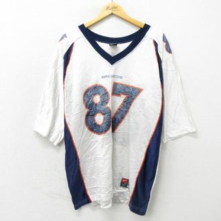 ナイキ(NIKE)のXL★古着 ナイキ NIKE 半袖 ビンテージ フットボール Tシャツ メンズ 90年代 90s NFL デンバーブロンコス エドワードマカフリー 87 大きいサイズ メッシュ地 Vネック USA製 白 ホワイト ユニフォーム ゲームシャツ アメフト スーパーボウル 23mar20 中古(Tシャツ/カットソー(半袖/袖なし))