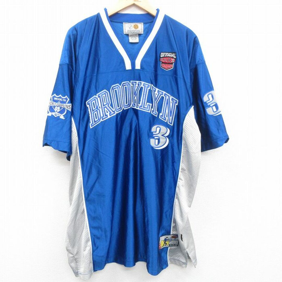 XL★古着 半袖 フットボール Tシャツ メンズ 00年代 00s BROOKLYN 大きいサイズ Vネック ロング丈 青他 ブルー ユニフォーム 23mar29 中古 メンズのトップス(Tシャツ/カットソー(半袖/袖なし))の商品写真